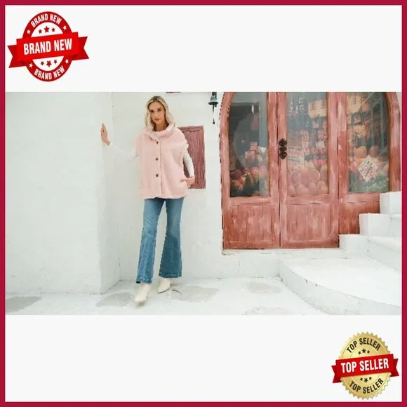 Oversized Fleece Sherpa Vest with Pockets, Button Down, Thigh Length - Picture 6 of 7